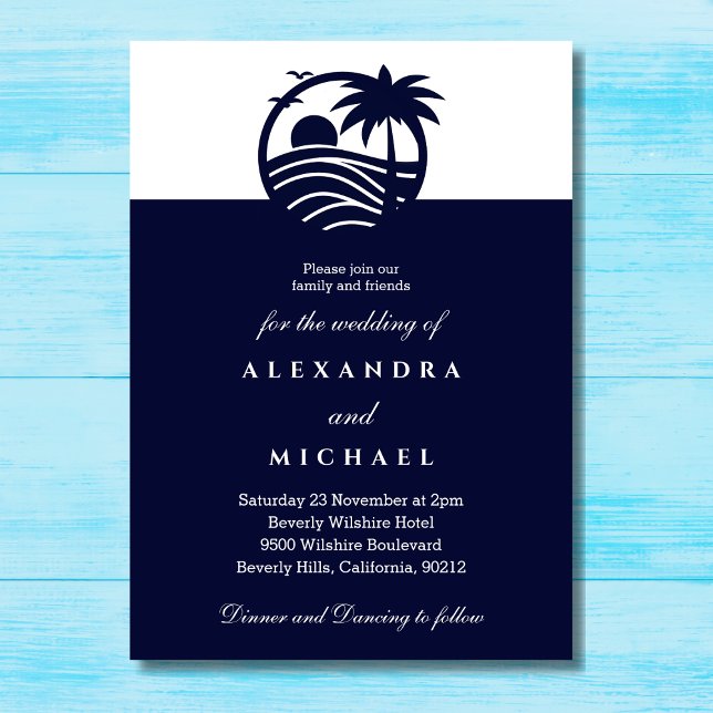 Navy Minimalist Palm Tree Coastal Wedding  Invitation (Creator Uploaded)