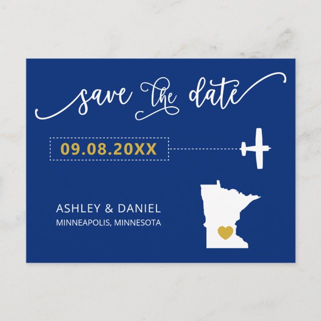 Navy Minnesota Wedding Save the Date Map Postcard (Front)
