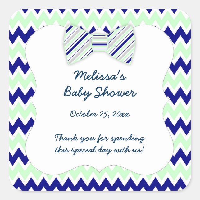 Navy Mint Chevron bow tie boy baby shower favour Square Sticker (Front)