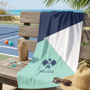 Navy Mint Coastal Summer Pickleball Name Hand Towel