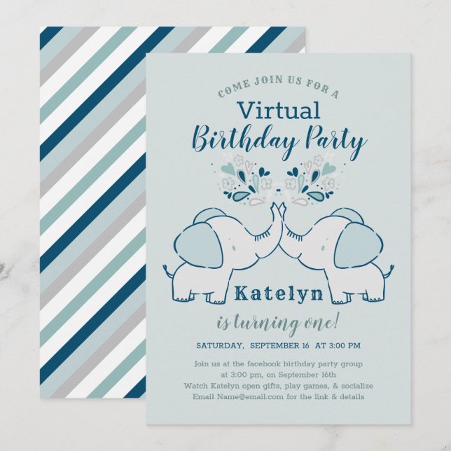 Navy & Mint Cute Elephant Virtual Birthday Party Invitation (Front/Back)