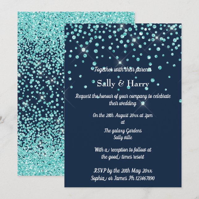 Navy Mint Diamonds wedding Aqua Green crystal Invitation (Front/Back)