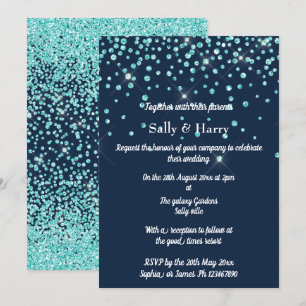 Navy Mint Diamonds wedding Aqua Green crystal Invitation