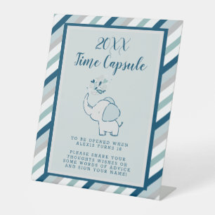 Navy & Mint Elephant Baby Shower Time Capsule Pedestal Sign