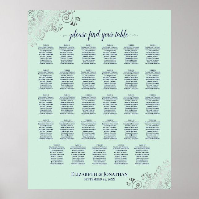 Navy & Mint Green 29 Table Wedding Seating Chart (Front)