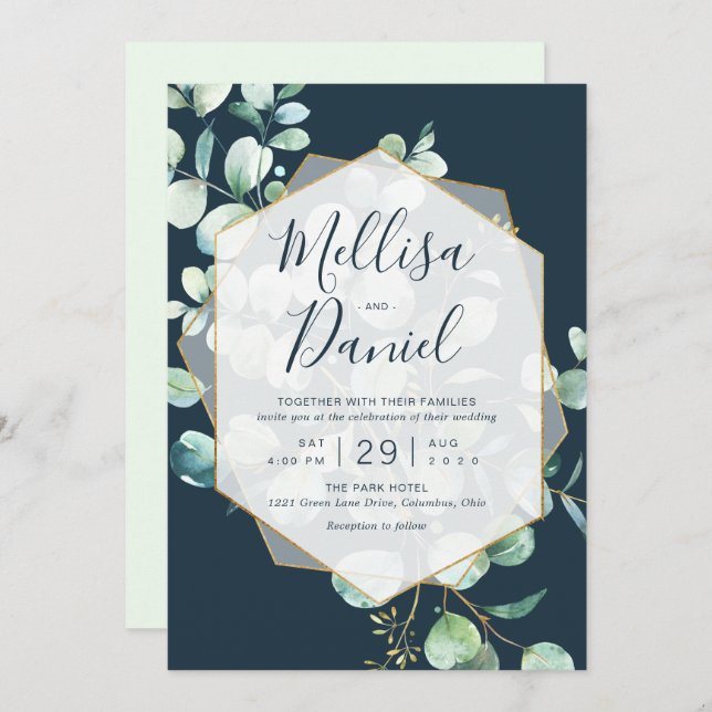Navy & Mint Greenery with Geometric Frame Invitation (Front/Back)