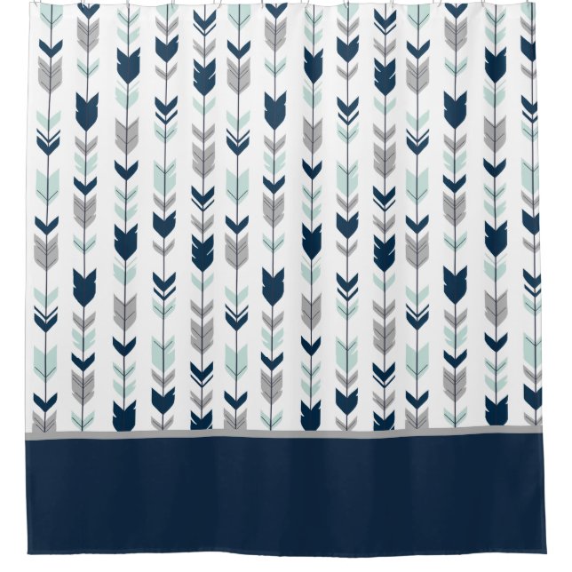 Navy, Mint, Grey Fletching Arrow Shower Curtain (Front)