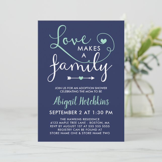 Navy Mint Love Makes A Family Adoption Shower Invitation (Standing Front)