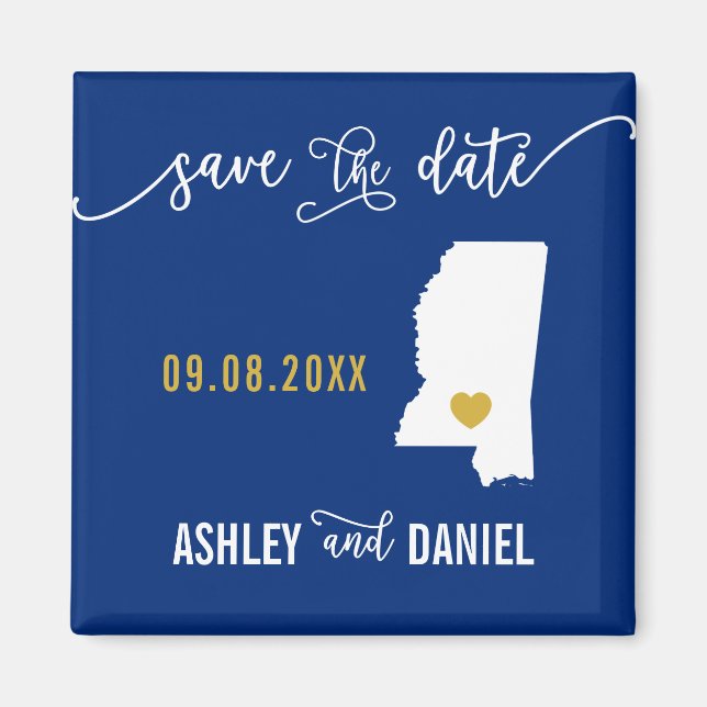 Navy Mississippi Wedding Save the Date Map Magnet (Front)