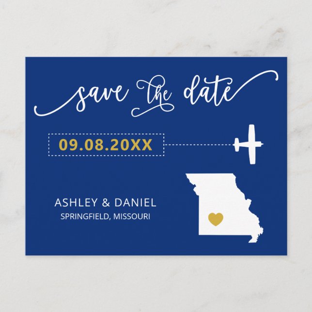 Navy  Missouri Wedding Save the Date Map Postcard (Front)