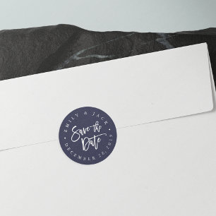 Navy Modern Brush Lettered Save the Date Classic Round Sticker