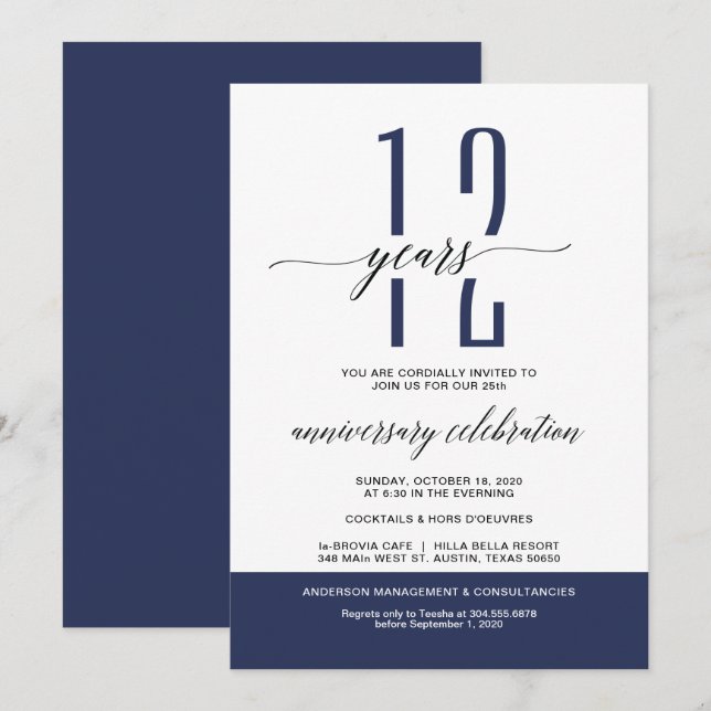 Navy Modern Business Anniversary Party Invites (Front/Back)