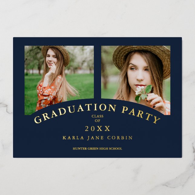 Navy Modern Elegant Chic Graduation Party 2 Photos (Front)