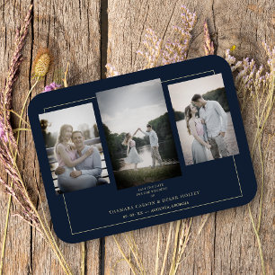 Navy Modern Gold 3 Photos Sophisticated Wedding Magnet