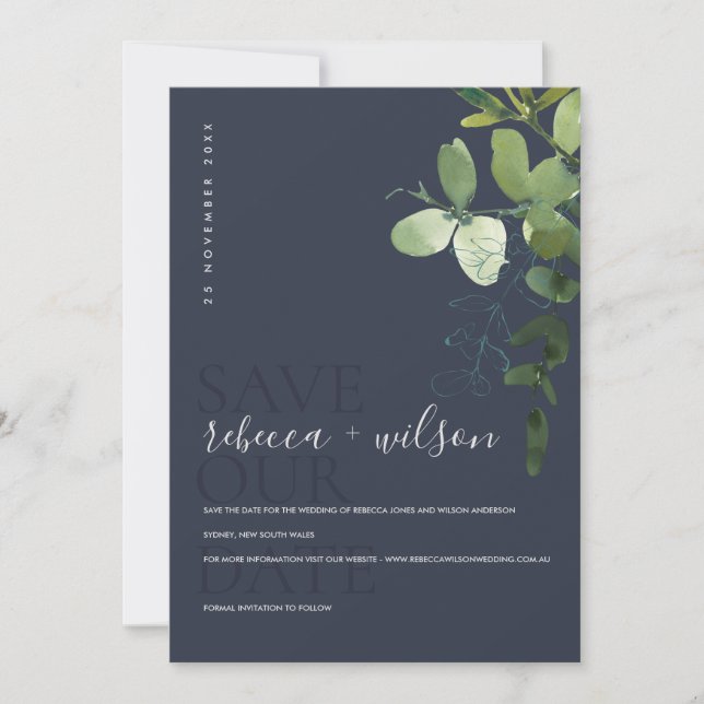 NAVY MODERN GREEN EUCALYPTUS FOLIAGE WATERCOLOR SAVE THE DATE (Front)
