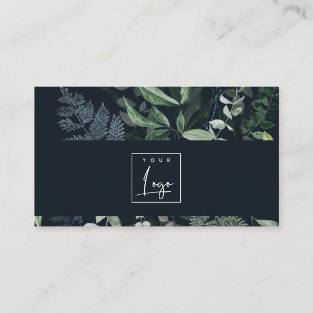 Navy Modern Green Leafy Tropical Foliage Fern Logo Business Card (Front)
