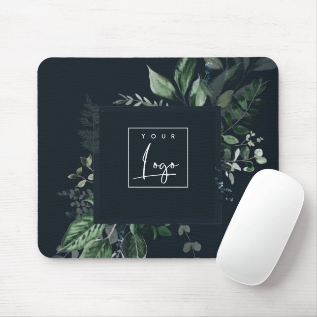 Navy Modern Green Leafy Tropical Foliage Fern Logo Mouse Mat (With Mouse)