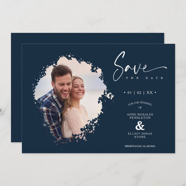 Navy Modern Grunge Ink Effect Photo Engaged Couple Save The Date (Front/Back)