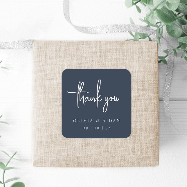 Navy | Modern Handwritten Script Wedding Thank You Square Sticker (Creator Uploaded)