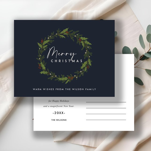 NAVY MODERN HOLLY BERRY WREATH MERRY CHRISTMAS HOLIDAY POSTCARD (Creator Uploaded)