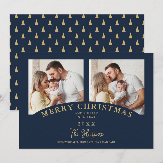 Navy Modern Luxury Chic Christmas 2 Photos Family Invitation (Front/Back)