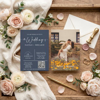 Navy Modern Minimalist Wedding Arch QR Code Photo Invitation