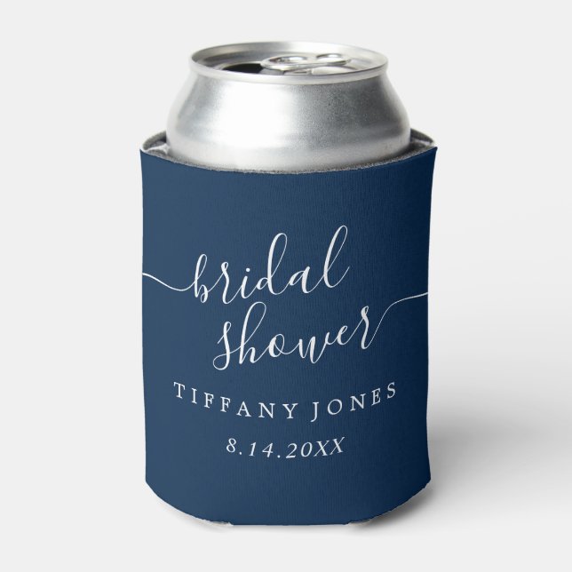 Navy Modern Script Bridal Shower Can Cooler (Can Front)