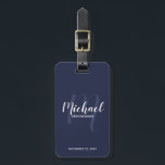 Navy Modern Script Personalised Groomsmen Luggage Tag<br><div class="desc">Add a personal touch to your wedding with personalised groomsmen luggage tag. This luggage tag features personalised groomsmen's name in white modern script font style and monogram in light navy blue modern script font style as background with title and wedding date in white modern sans serif font style on navy...</div>