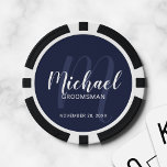 Navy Modern Script Personalised Groomsmen Poker Chips<br><div class="desc">Add a personal touch to your wedding with personalised groomsmen poker chips. This design features personalised groomsmen's name in white modern script font style and monogram in light navy blue modern script font style as background with title and wedding date in white modern sans serif font style on navy blue...</div>