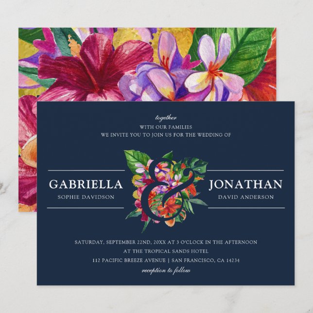 Navy Modern Tropical Bouquet Wedding Invitation (Front/Back)