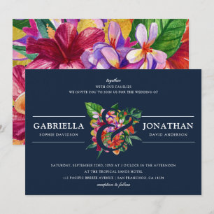 Navy Modern Tropical Bouquet Wedding Invitation