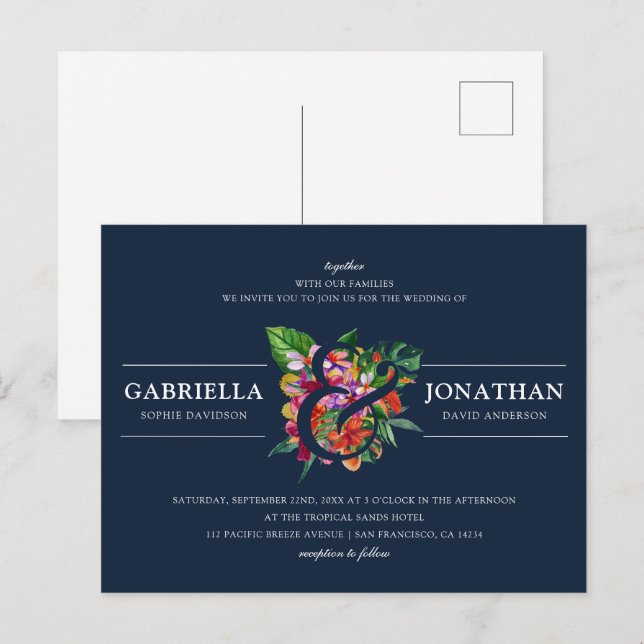 Navy Modern Tropical Bouquet Wedding Invitation Postcard (Front/Back)