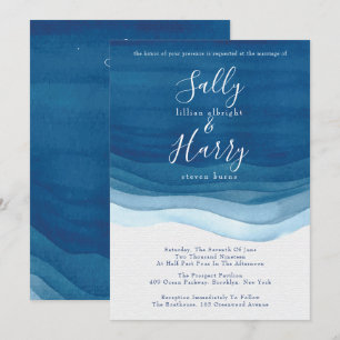 Navy, Modern Watercolor Waves Wedding Invitation