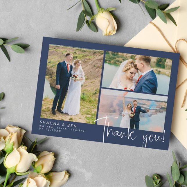 Navy Modern Wedding 3 Photo Collage Thank You (Creator Uploaded)