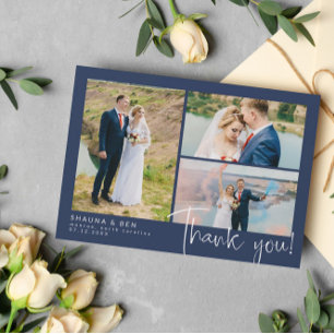 Navy Modern Wedding 3 Photo Collage Thank You Card