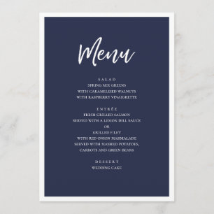 Navy modern wedding dinner. Simple minimalist blue Menu