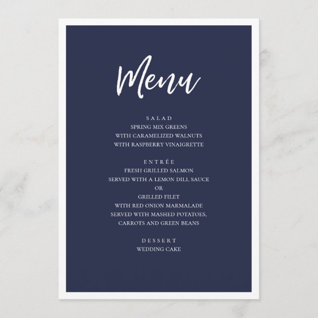Navy modern wedding dinner. Simple minimalist blue Menu (Front)