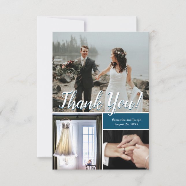Navy Modern Wedding Script Photo collage Thank you Card (Front)