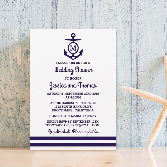 Navy Monogram Anchor Nautical Wedding Shower Invitation (Creator Uploaded)