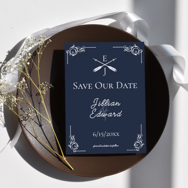 Navy Monogram and Arrows Save The Date Announcement (Navy Blue Monogram and Arrows Save the Date)