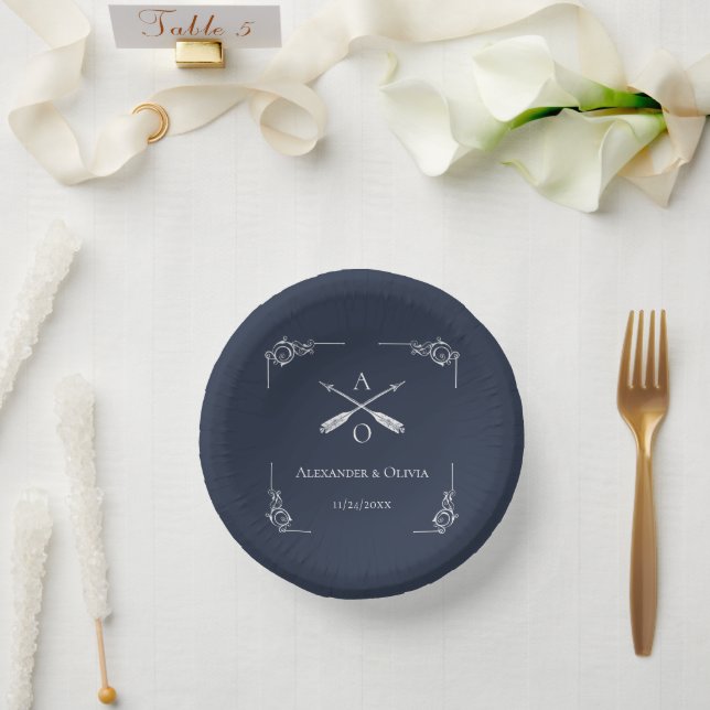 Navy Monogram and Arrows Wedding Paper Bowls Plate (Wedding)