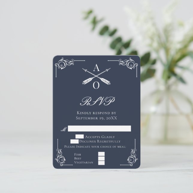 Navy Monogram and Arrows Wedding RSVP Card (Standing Front)