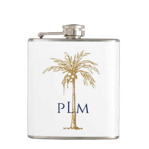 Navy Monogram Artistic Tropical Golden Palm Tree Hip Flask