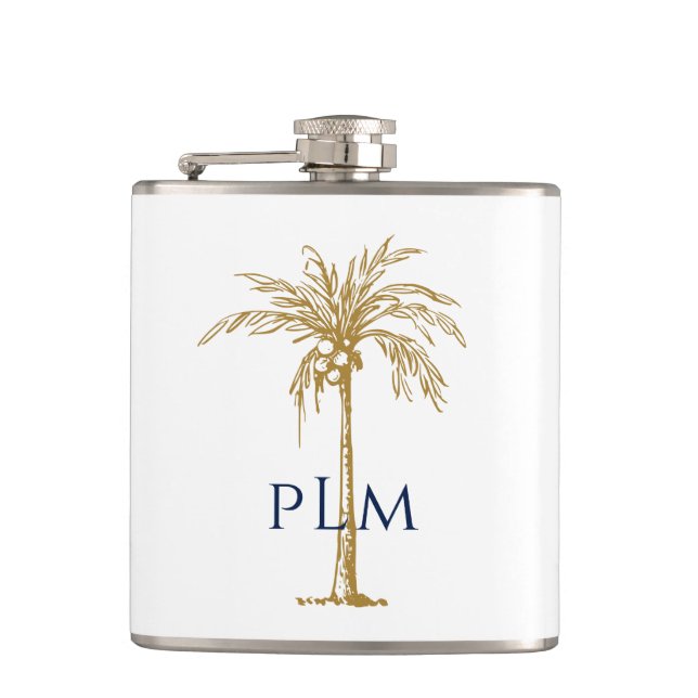 Navy Monogram Artistic Tropical Golden Palm Tree Hip Flask (Front)