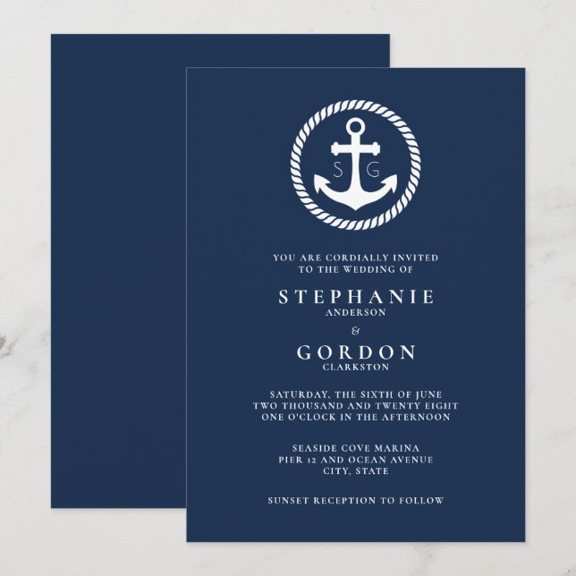 Navy Monogram Nautical Wedding Invitation (Front/Back)
