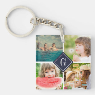 Navy Monogram Photo Collage Double-Sided Key Ring