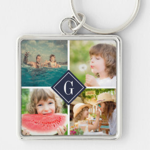 Navy Monogram Photo Collage Key Ring
