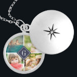 Navy Monogram Photo Collage Locket Necklace<br><div class="desc">Custom locket necklace with personalised monogram and square collage of 4 photos bordering your monogram or other custom text in a diamond frame. Click Customise It to change text, fonts and colours to create a unique design. A perfect gift for family, friends, newlywed couples, parents, and grandparents! This template works...</div>