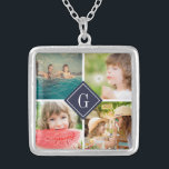 Navy Monogram Photo Collage Silver Plated Necklace<br><div class="desc">Custom necklace with personalised monogram and square collage of 4 photos bordering your monogram or other custom text in a diamond frame. Click Customise It to change text, fonts and colours to create a unique design. A perfect gift for family, friends, newlywed couples, parents, and grandparents! This template works best...</div>