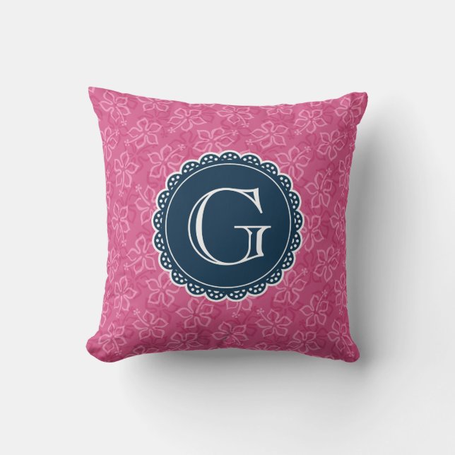 Navy Monogram Pink Hibiscus Pattern Cushion (Front)